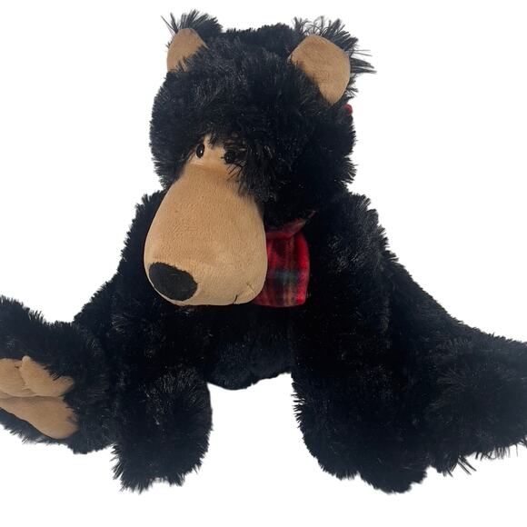 Amerll Black Soft Cuddly Sitting Bear with Plaid Scard Large Snout Plastic Eyes - Picture 1 of 13